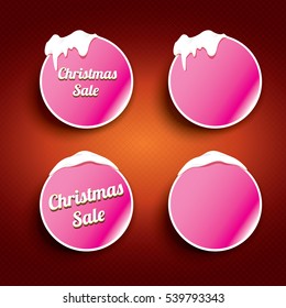 Christmas vector pink glossy buttons set on classic red background. web pink christmas sale buttons with snow, ice border