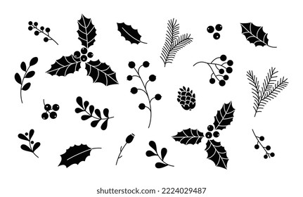 Christmas vector plants, holly berries, Christmas tree, mistletoe, pine, berries, branches with leaves, holiday decoration, winter symbols isolated on a white background. Black silhouettes.