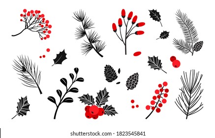Christmas vector plants  holly berry  christmas tree  pine  leaves branches  holiday decoration  winter symbols isolated white background  Red   black colors  Vintage nature illustration