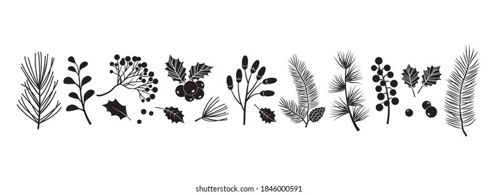 Christmas vector plants, holly berry, christmas tree, pine, leaves branches, holiday decoration, winter symbols isolated on white background. Black silhouettes. Vintage nature illustration