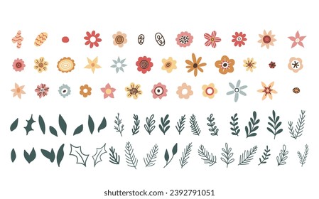 Christmas vector plants, holly berry, christmas tree, leaves branches, holiday decoration, winter symbols. floral collection with winter decorative flowers. Hand drawn elements. Happy New Year