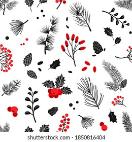 Christmas vector plants seamless pattern with holly berry, fir, tree, pine, pinecone, leaves  with branches, holiday decoration, winter background. Vintage nature illustration