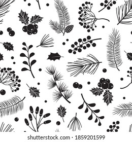 Christmas vector plants seamless pattern with holly berry, fir, tree, pine, pinecone, leaves  with branches, holiday decoration, winter background. Black and white design. Vintage nature illustration