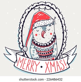 Christmas vector portrait of a funny owl in a Santa hat