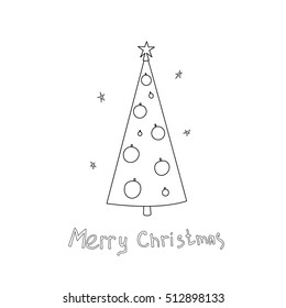 Christmas vector postcard with fir trees and a handwritten greeting. Hand drawn illustration. Coloring book.