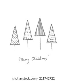 Christmas vector postcard with four doodle fir trees and a handwritten greeting.