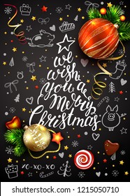 Christmas vector poster with realistic 3D fir tree, balls, decorations and handmade lettering. Hand drawn elements and calligraphy inscriptions. Chalkboard. Pig is symbol of 2019 year.