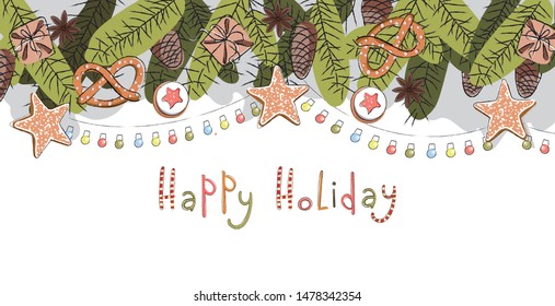 Christmas vector poster with spruce, cookies and garland for greeting winter holiday cards, posters, discount fliers, covers with text place. Vector hand-drawn illustration.
