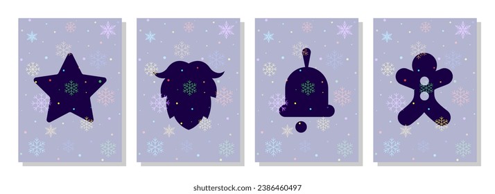 Christmas vector posters set. Christmas greeting cards with star shape, cookie, beard, bell cut out tags.Merry christmas and new year greeting collection cards.Vector illustration sticker in paper cut