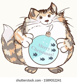 Christmas vector pretty cat holding bauble decoration with fishes