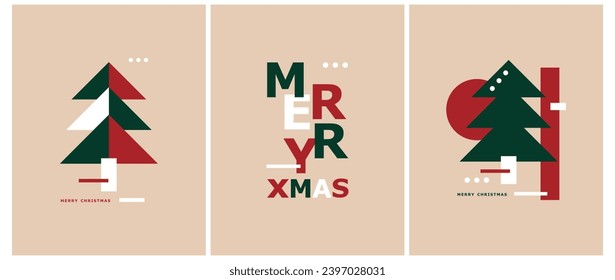 Christmas Vector Prints with Christams Trees and Xmas Wishes on a Red, Green, Beige and White Background. Winter Holidays Modern Minimalist Prints ideal for Poster, Greetings, Card. Cool Xmas Cards.