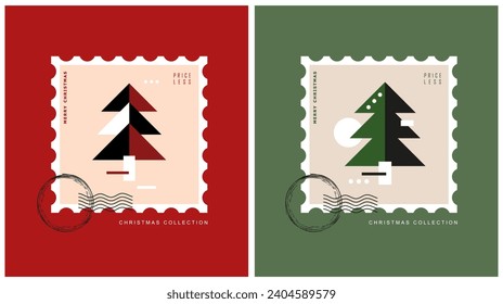 Christmas Vector Prints with Christams Trees and Xmas Wishes as Two Postal Stamps Isolated on a Red and Green Background. Winter Holidays Modern Minimalist Print. Cool Xmas Cards.Christmas Collection.