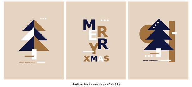 Christmas Vector Prints with Christmas Trees and Xmas Wishes on a Blue, Gold, Beige and White Background. Winter Holidays Modern Minimalist Prints ideal for Poster, Greetings, Card. Cool Xmas Cards.