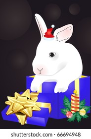 Vetor de Natal de coelho com caixa de presente azul