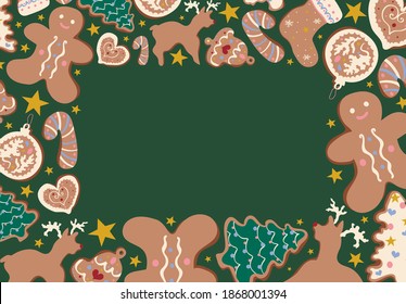 Christmas vector rectangular frame with gingerbread cookies and golden stars on green background. Winter holidays, sweet, for kids, treats, new year, Christmas market. Greeting card, banner