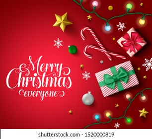 Christmas vector in red background template. Merry christmas everyone typography in red empty space for text and messages with gifts, candy cane, lights, balls, snowflakes, and golden stars.