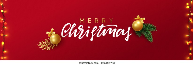 Christmas vector red background. Xmas sale, holiday web banner. Design christmas decorations string lights, gold balls. Green and golden pine branches