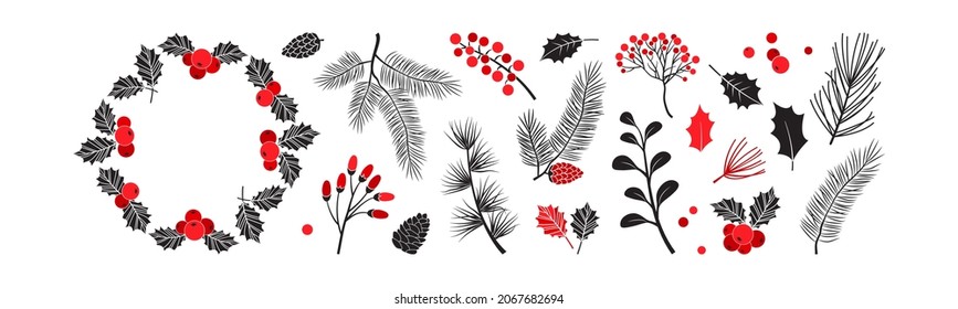 Elementos de decoración de vectores de Navidad rojos y negros. Berry de flor, plantas de invierno, cono de abeto y pino, ramas de hojas evervescentes aisladas en fondo blanco. Ilustración de vacaciones