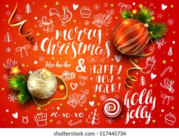 Christmas vector red card with realistic fir tree, balls, decorations and handmade lettering. Hand drawn elements, rooster and calligraphy inscriptions. 3D.