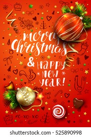 Christmas vector red card with realistic fir tree, balls, decorations and handmade lettering. Hand drawn elements, rooster and calligraphy inscriptions Happy New Year. 3D.