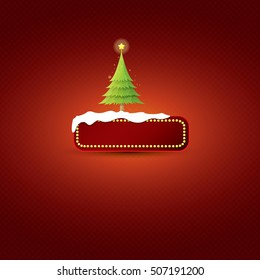 Christmas vector red glossy button with christmas tree and lights. web red christmas button with snow and ice border on classic red background