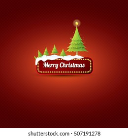 Christmas vector red glossy button with christmas tree and lights. web red christmas button with snow and ice border on classic red background