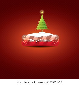 Christmas vector red glossy button with christmas tree and lights. web red christmas button with snow and ice border on classic red background