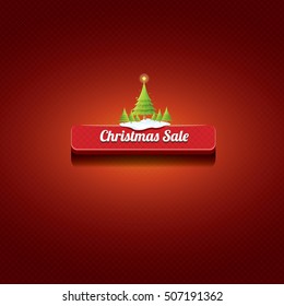 Christmas vector red glossy button with christmas tree and lights. web red christmas button with snow and ice border on classic red background