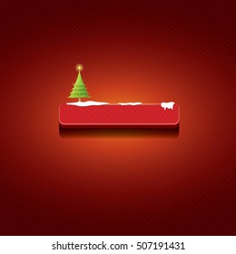 Christmas vector red glossy button with christmas tree and lights. web red christmas button with snow and ice border on classic red background