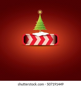 Christmas vector red glossy button with christmas tree and lights. web red christmas button with snow and ice border on classic red background