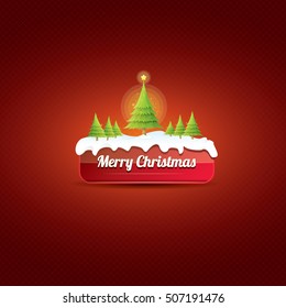 Christmas vector red glossy button with christmas tree and lights. web red christmas button with snow and ice border on classic red background