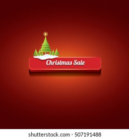 Christmas vector red glossy button with christmas tree and lights. web red christmas button with snow and ice border on classic red background
