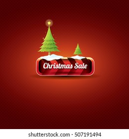 Christmas vector red glossy button with christmas tree and lights. web red christmas button with snow and ice border on classic red background