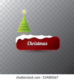 Christmas vector red glossy button with christmas tree and lights. web red christmas button with snow and ice border and transparent shadow