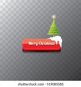 Christmas vector red glossy button with christmas tree and lights. web red christmas button with snow and ice border and transparent shadow