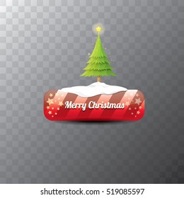 Christmas vector red glossy button with christmas tree and lights. web red christmas button with snow and ice border and transparent shadow