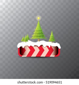 Christmas vector red glossy button with christmas tree and lights. web red christmas button with snow and ice border and transparent shadow