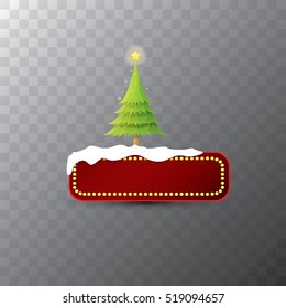 Christmas vector red glossy button with christmas tree and lights. web red christmas button with snow and ice border and transparent shadow