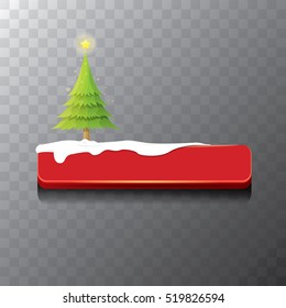 Christmas vector red glossy button with green cartoon christmas tree and christmas lights. web red christmas button with snow, ice border and transparent shadow