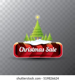 Christmas vector red glossy button with green cartoon christmas tree and christmas lights. web red christmas button with snow, ice border and transparent shadow