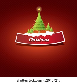 Christmas vector red glossy button with green cartoon christmas tree and christmas lights on red classic background. web red christmas button with snow, ice border design elements