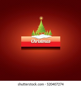 Christmas vector red glossy button with green cartoon christmas tree and christmas lights on red classic background. web red christmas button with snow, ice border design elements
