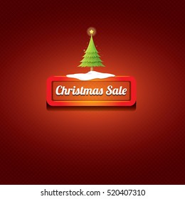 Christmas vector red glossy button with green cartoon christmas tree and christmas lights on red classic background. web red christmas button with snow, ice border design elements