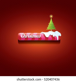 Christmas vector red glossy button with green cartoon christmas tree and christmas lights on red classic background. web red christmas button with snow, ice border design elements