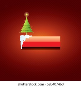 Christmas vector red glossy button with green cartoon christmas tree and christmas lights on red classic background. web red christmas button with snow, ice border design elements