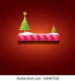 Christmas vector red glossy button with green cartoon christmas tree and christmas lights on red classic background. web red christmas button with snow, ice border design elements