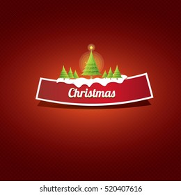 Christmas vector red glossy button with green cartoon christmas tree and christmas lights on red classic background. web red christmas button with snow, ice border design elements