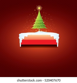 Christmas vector red glossy button with green cartoon christmas tree and christmas lights on red classic background. web red christmas button with snow, ice border design elements