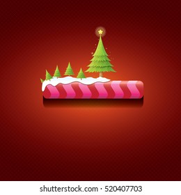 Christmas vector red glossy button with green cartoon christmas tree and christmas lights on red classic background. web red christmas button with snow, ice border design elements