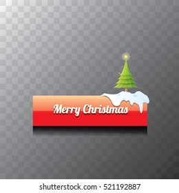 Christmas vector red glossy button with green cartoon christmas tree and christmas lights. web red christmas button with snow, ice border and transparent shadow
